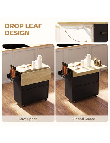 HOMCOM Kitchen Island with Drop Leaf, Rolling Kitchen Storage Trolley on Wheels with Drawer, Spice Rack and Towel Rack, Black