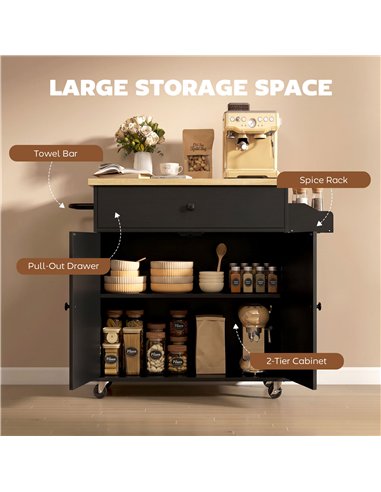 HOMCOM Kitchen Island with Drop Leaf, Rolling Kitchen Storage Trolley on Wheels with Drawer, Spice Rack and Towel Rack, Black