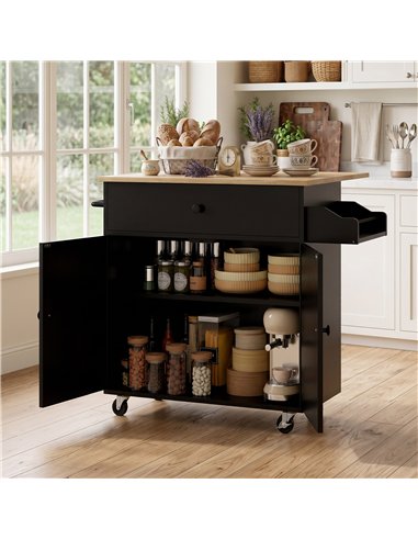HOMCOM Kitchen Island with Drop Leaf, Rolling Kitchen Storage Trolley on Wheels with Drawer, Spice Rack and Towel Rack, Black