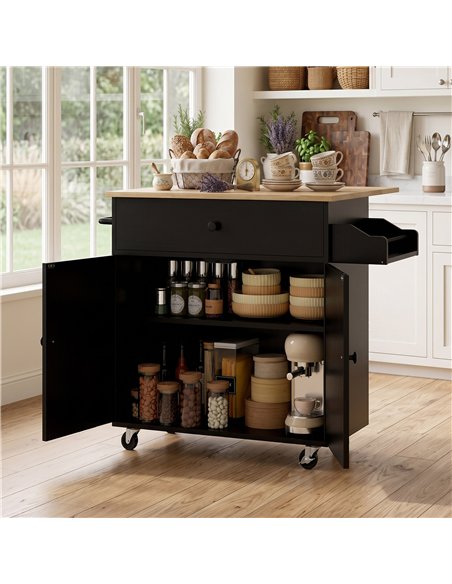 HOMCOM Kitchen Island with Drop Leaf, Rolling Kitchen Storage Trolley on Wheels with Drawer, Spice Rack and Towel Rack, Black - pic 208547 | FastDaddyshop
