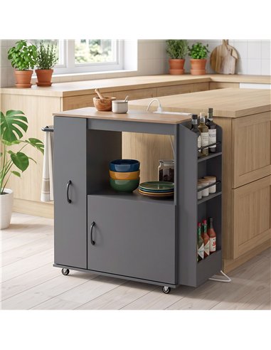 HOMCOM Kitchen Trolley on Wheels, Rolling Kitchen Island Cart with Power Outlet, Cabinet, Pull-Out Drawer, Grey