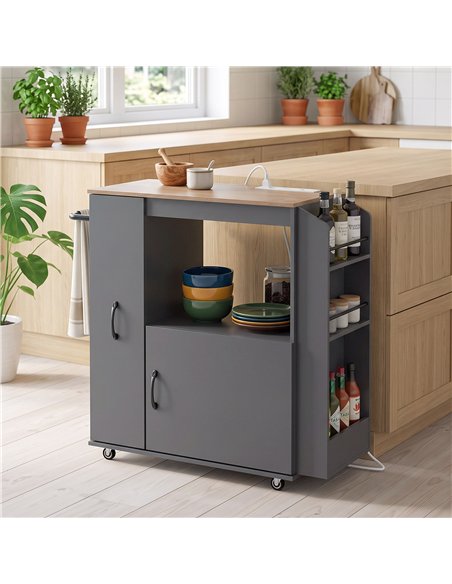 HOMCOM Kitchen Trolley on Wheels, Rolling Kitchen Island Cart with Power Outlet, Cabinet, Pull-Out Drawer, Grey - pic 208549 | FastDaddyshop
