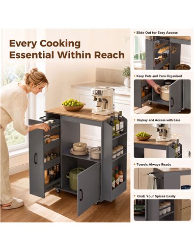 HOMCOM Kitchen Trolley on Wheels, Rolling Kitchen Island Cart with Power Outlet, Cabinet, Pull-Out Drawer, Grey
