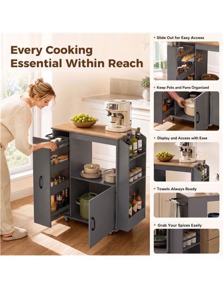 HOMCOM Kitchen Trolley on Wheels, Rolling Kitchen Island Cart with Power Outlet, Cabinet, Pull-Out Drawer, Grey - pic 208552 | FastDaddyshop