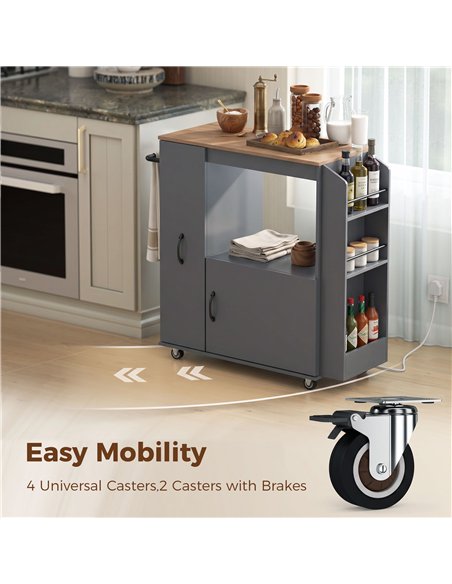 HOMCOM Kitchen Trolley on Wheels, Rolling Kitchen Island Cart with Power Outlet, Cabinet, Pull-Out Drawer, Grey - pic 208553 | FastDaddyshop