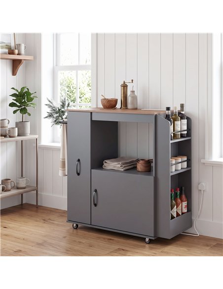 HOMCOM Kitchen Trolley on Wheels, Rolling Kitchen Island Cart with Power Outlet, Cabinet, Pull-Out Drawer, Grey - pic 208555 | FastDaddyshop
