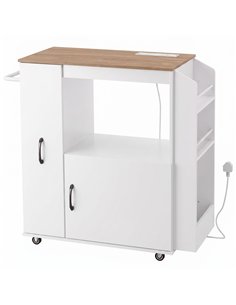 HOMCOM Kitchen Trolley on Wheels, Rolling Kitchen Island Cart with Power Outlet, Cabinet, Pull-Out Drawer, White