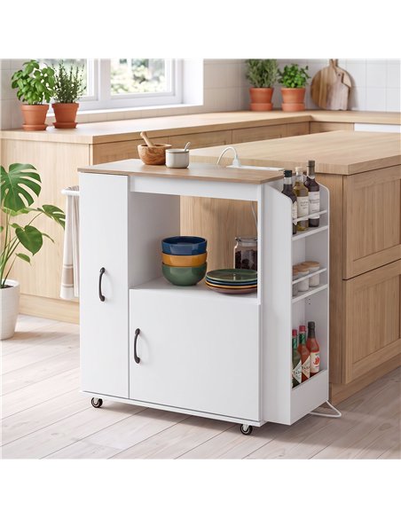 HOMCOM Kitchen Trolley on Wheels, Rolling Kitchen Island Cart with Power Outlet, Cabinet, Pull-Out Drawer, White - pic 208558 | FastDaddyshop