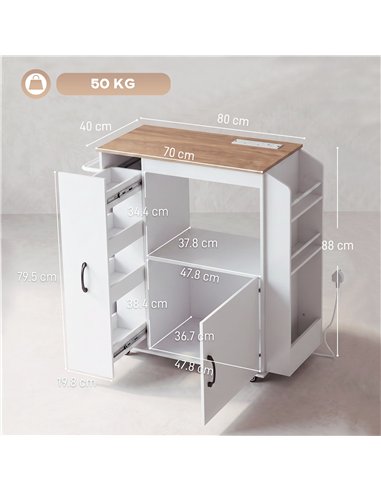 HOMCOM Kitchen Trolley on Wheels, Rolling Kitchen Island Cart with Power Outlet, Cabinet, Pull-Out Drawer, White