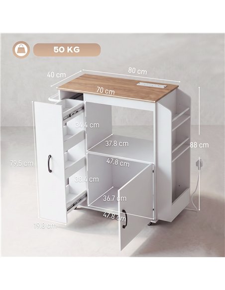 HOMCOM Kitchen Trolley on Wheels, Rolling Kitchen Island Cart with Power Outlet, Cabinet, Pull-Out Drawer, White - pic 208559 | FastDaddyshop