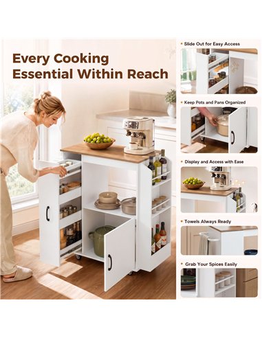 HOMCOM Kitchen Trolley on Wheels, Rolling Kitchen Island Cart with Power Outlet, Cabinet, Pull-Out Drawer, White