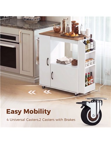 HOMCOM Kitchen Trolley on Wheels, Rolling Kitchen Island Cart with Power Outlet, Cabinet, Pull-Out Drawer, White