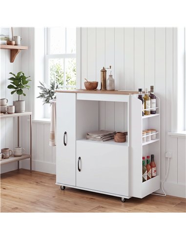 HOMCOM Kitchen Trolley on Wheels, Rolling Kitchen Island Cart with Power Outlet, Cabinet, Pull-Out Drawer, White