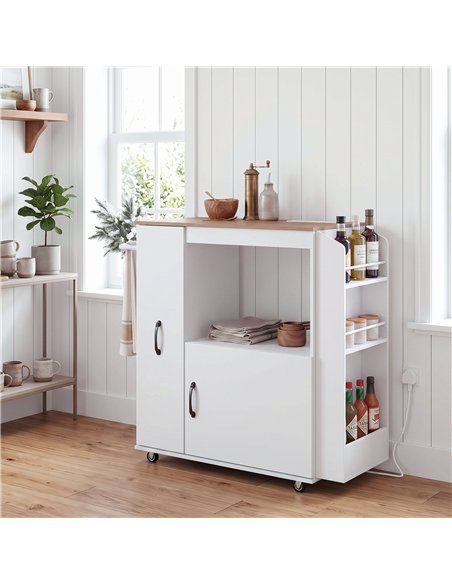 HOMCOM Kitchen Trolley on Wheels, Rolling Kitchen Island Cart with Power Outlet, Cabinet, Pull-Out Drawer, White - pic 208564 | FastDaddyshop