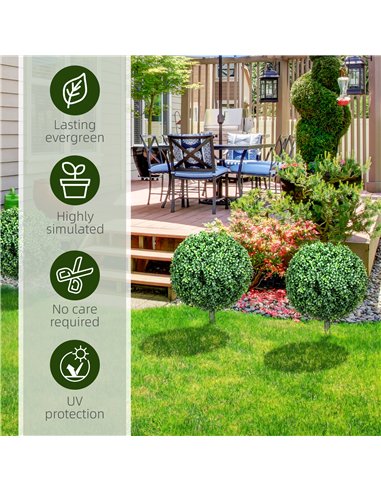 HOMCOM Artificial Boxwood Trees w/ Ground Stake, Set of 2 Ball Shaped Topiary Trees for Home Office & Living Room, UV Resistant