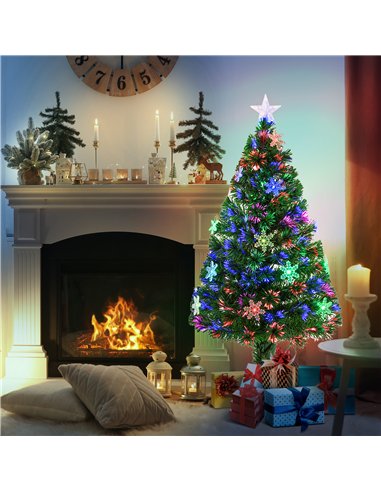 HOMCOM 4FT Green Fibre Optic Artificial Christmas Tree Xmas Colourful LED Scattered Tree with Snowflakes Ornaments Fireproofing