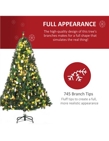 HOMCOM 1.8m 6ft Pre-Lit Artificial Christmas Tree 200 LED Xmas Tree Holiday Décor with Decorative Balls Ornament Metal Stand