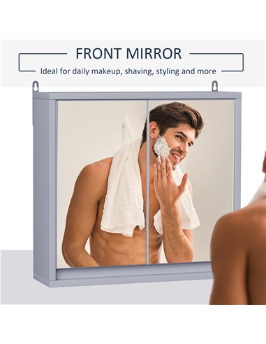 HOMCOM Bathroom Double Door Mirror Cabinet Wall Mounted Storage, Grey