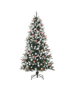 HOMCOM 6FT Artificial Snow Dipped Christmas Tree Xmas Pencil Tree Holiday Home Party Decoration with Foldable Feet Red Berries W