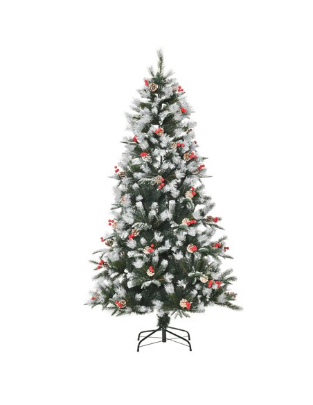 HOMCOM 6FT Artificial Snow Dipped Christmas Tree Xmas Pencil Tree Holiday Home Party Decoration with Foldable Feet Red Berries W - pic 208665 | FastDaddyshop