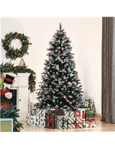 HOMCOM 6FT Artificial Snow Dipped Christmas Tree Xmas Pencil Tree Holiday Home Party Decoration with Foldable Feet Red Berries W 2
