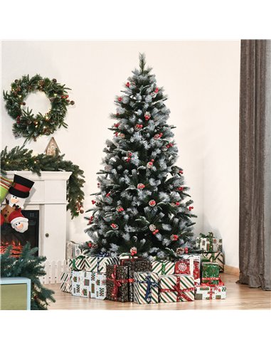 HOMCOM 6FT Artificial Snow Dipped Christmas Tree Xmas Pencil Tree Holiday Home Party Decoration with Foldable Feet Red Berries W