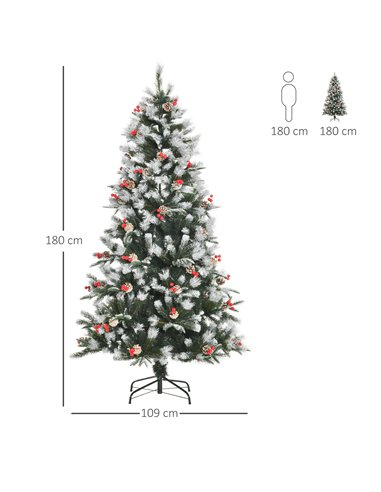 HOMCOM 6FT Artificial Snow Dipped Christmas Tree Xmas Pencil Tree Holiday Home Party Decoration with Foldable Feet Red Berries W