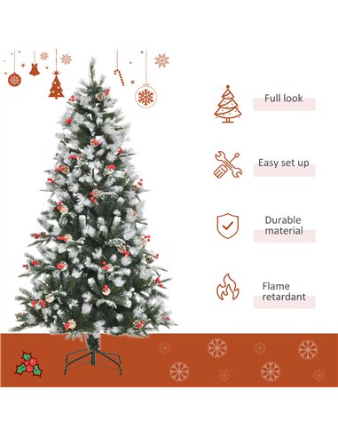 HOMCOM 6FT Artificial Snow Dipped Christmas Tree Xmas Pencil Tree Holiday Home Party Decoration with Foldable Feet Red Berries W