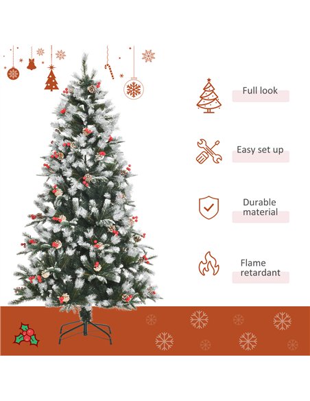 HOMCOM 6FT Artificial Snow Dipped Christmas Tree Xmas Pencil Tree Holiday Home Party Decoration with Foldable Feet Red Berries W - pic 208668 | FastDaddyshop