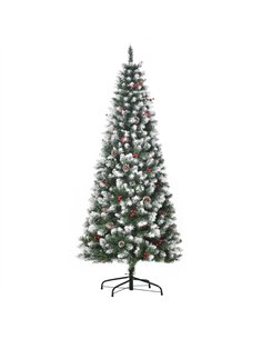 HOMCOM 6FT Artificial Christmas Tree Xmas Pencil Tree with Red Berries and Pinecones Holiday Home Indoor Decoration with Foldabl
