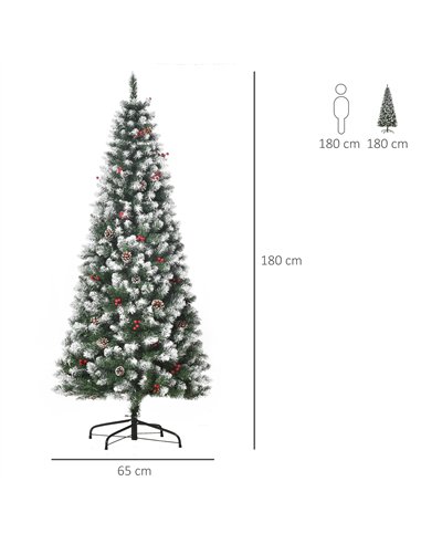 HOMCOM 6FT Artificial Christmas Tree Xmas Pencil Tree with Red Berries and Pinecones Holiday Home Indoor Decoration with Foldabl
