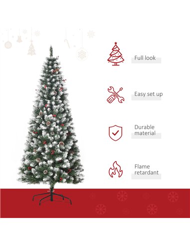 HOMCOM 6FT Artificial Christmas Tree Xmas Pencil Tree with Red Berries and Pinecones Holiday Home Indoor Decoration with Foldabl