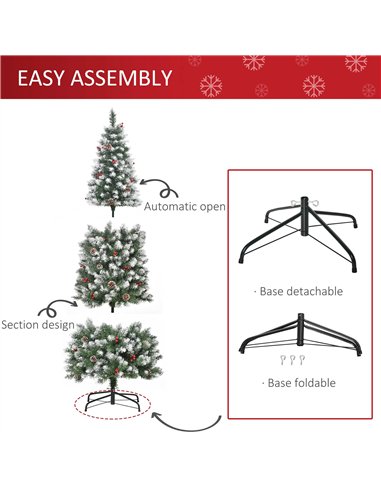 HOMCOM 6FT Artificial Christmas Tree Xmas Pencil Tree with Red Berries and Pinecones Holiday Home Indoor Decoration with Foldabl