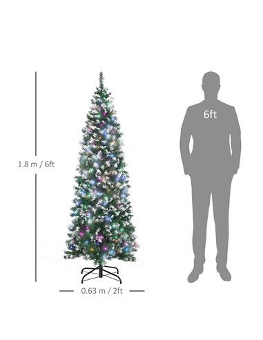 HOMCOM 6FT Tall Prelit Pencil Slim Artificial Christmas Tree with Realistic Branches, 300 Colourful LED Lights and 618 Tips, Xma