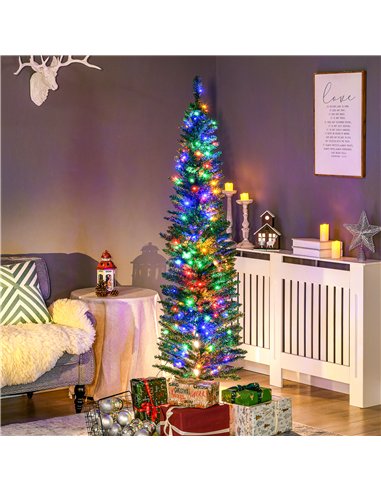 HOMCOM 6' Artificial Prelit Christmas Trees Holiday Décor with Colourful LED Lights, Pencil Shape, Steel Base