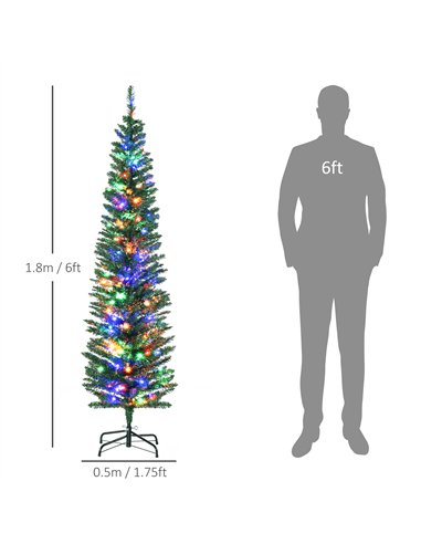 HOMCOM 6' Artificial Prelit Christmas Trees Holiday Décor with Colourful LED Lights, Pencil Shape, Steel Base