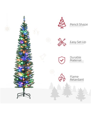 HOMCOM 6' Artificial Prelit Christmas Trees Holiday Décor with Colourful LED Lights, Pencil Shape, Steel Base