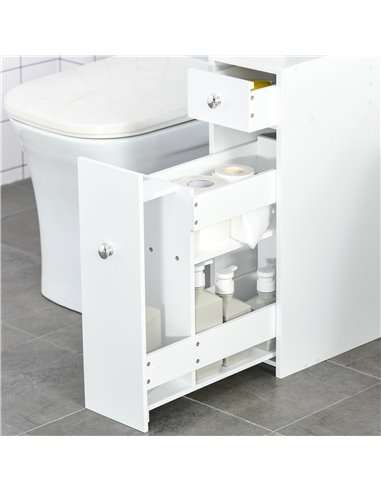 HOMCOM Bathroom Slim Floor Cabinet Narrow Wooden Storage Home Bath Toilet Cupboard Organiser Unit with Drawers White