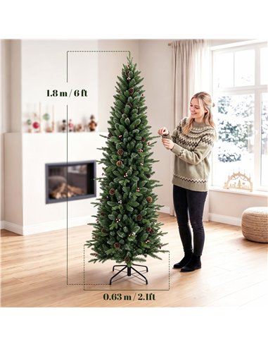 HOMCOM Slim Gracious Pine Xmas Tree, 6ft/180cm Artificial Christmas Tree with 688 Branch Tips, Foldable Steel Stand, Green