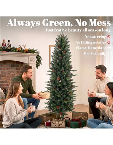 HOMCOM Slim Gracious Pine Xmas Tree, 6ft/180cm Artificial Christmas Tree with 688 Branch Tips, Foldable Steel Stand, Green