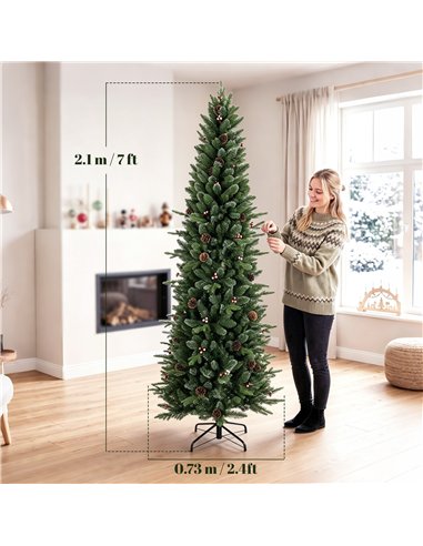 HOMCOM Slim Gracious Pine Xmas Tree, 7ft/210cm Artificial Christmas Tree with 904 Branch Tips, Foldable Steel Stand, Green