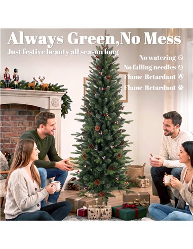 HOMCOM Slim Gracious Pine Xmas Tree, 7ft/210cm Artificial Christmas Tree with 904 Branch Tips, Foldable Steel Stand, Green