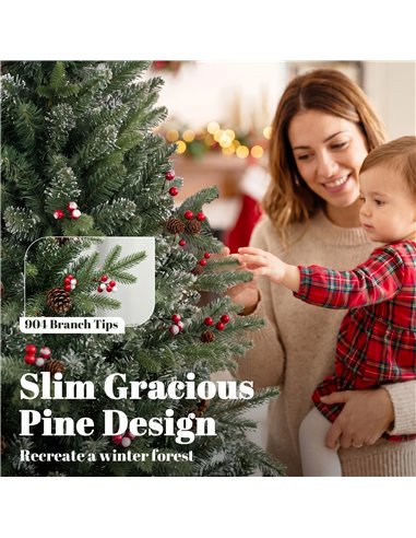 HOMCOM Slim Gracious Pine Xmas Tree, 7ft/210cm Artificial Christmas Tree with 904 Branch Tips, Foldable Steel Stand, Green