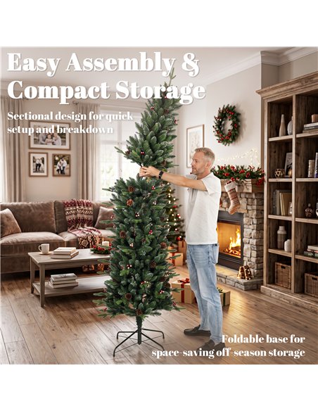 HOMCOM Slim Gracious Pine Xmas Tree, 7ft/210cm Artificial Christmas Tree with 904 Branch Tips, Foldable Steel Stand, Green - pic 208814 | FastDaddyshop