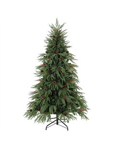 HOMCOM 6ft Artificial Christmas Tree with Pinecones, Red Berries, Hinged Predecorated Xmas Tree with 2843 Branch Tips