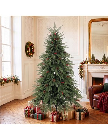 HOMCOM 6ft Artificial Christmas Tree with Pinecones, Red Berries, Hinged Predecorated Xmas Tree with 2843 Branch Tips