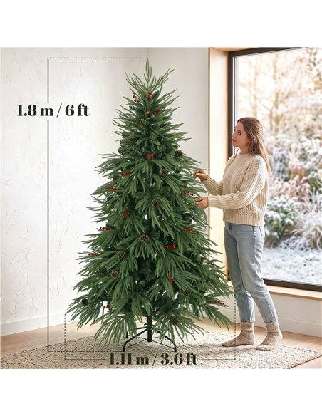 HOMCOM 6ft Artificial Christmas Tree with Pinecones, Red Berries, Hinged Predecorated Xmas Tree with 2843 Branch Tips - pic 208847 | FastDaddyshop