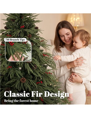 HOMCOM 6ft Artificial Christmas Tree with Pinecones, Red Berries, Hinged Predecorated Xmas Tree with 2843 Branch Tips