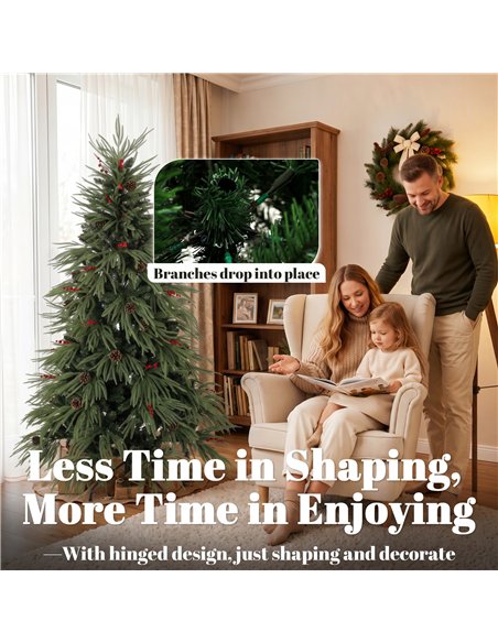 HOMCOM 6ft Artificial Christmas Tree with Pinecones, Red Berries, Hinged Predecorated Xmas Tree with 2843 Branch Tips - pic 208850 | FastDaddyshop