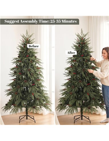 HOMCOM 6ft Artificial Christmas Tree with Pinecones, Red Berries, Hinged Predecorated Xmas Tree with 2843 Branch Tips